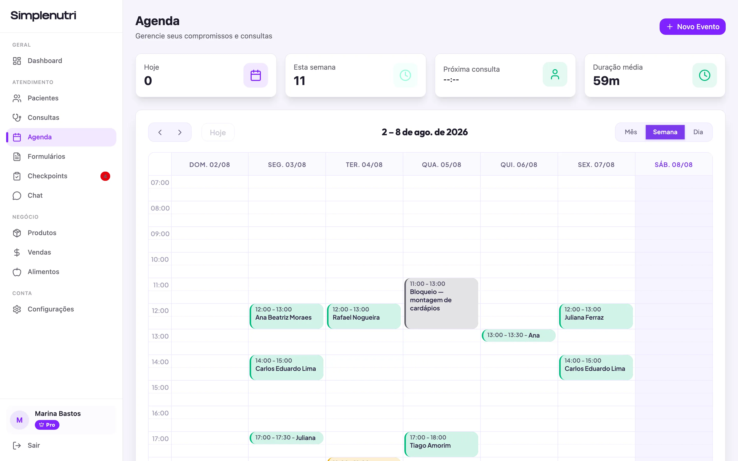 A visualização Semana, com as consultas em verde e um bloqueio em cinza