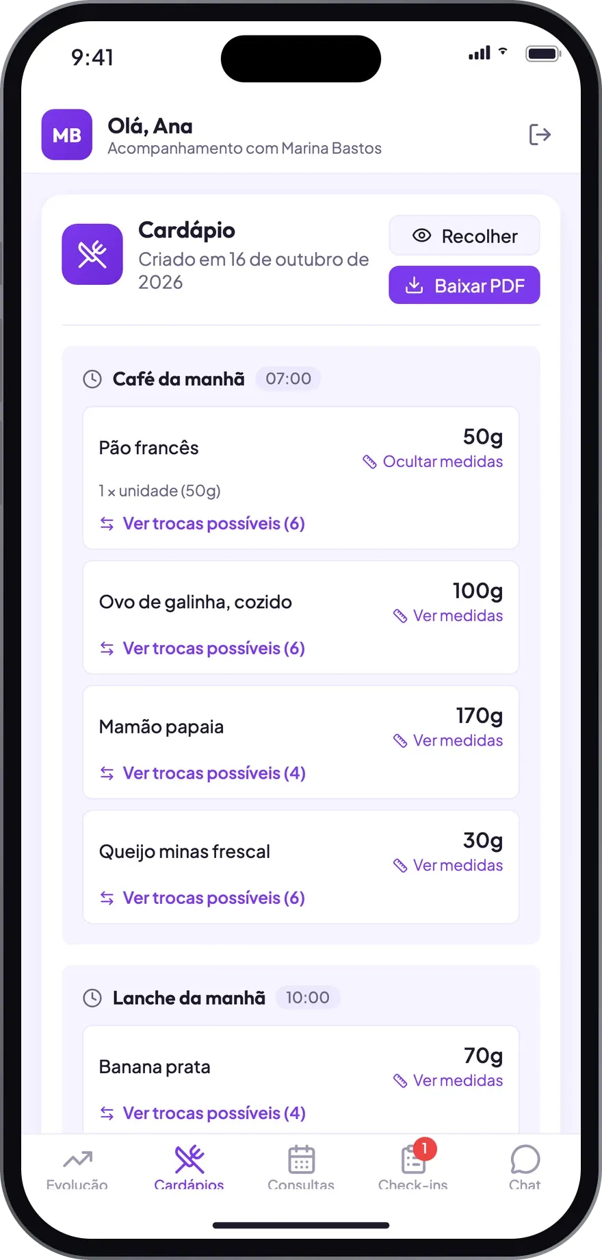 O cardápio no app: medidas caseiras em cada alimento e o botão de trocas