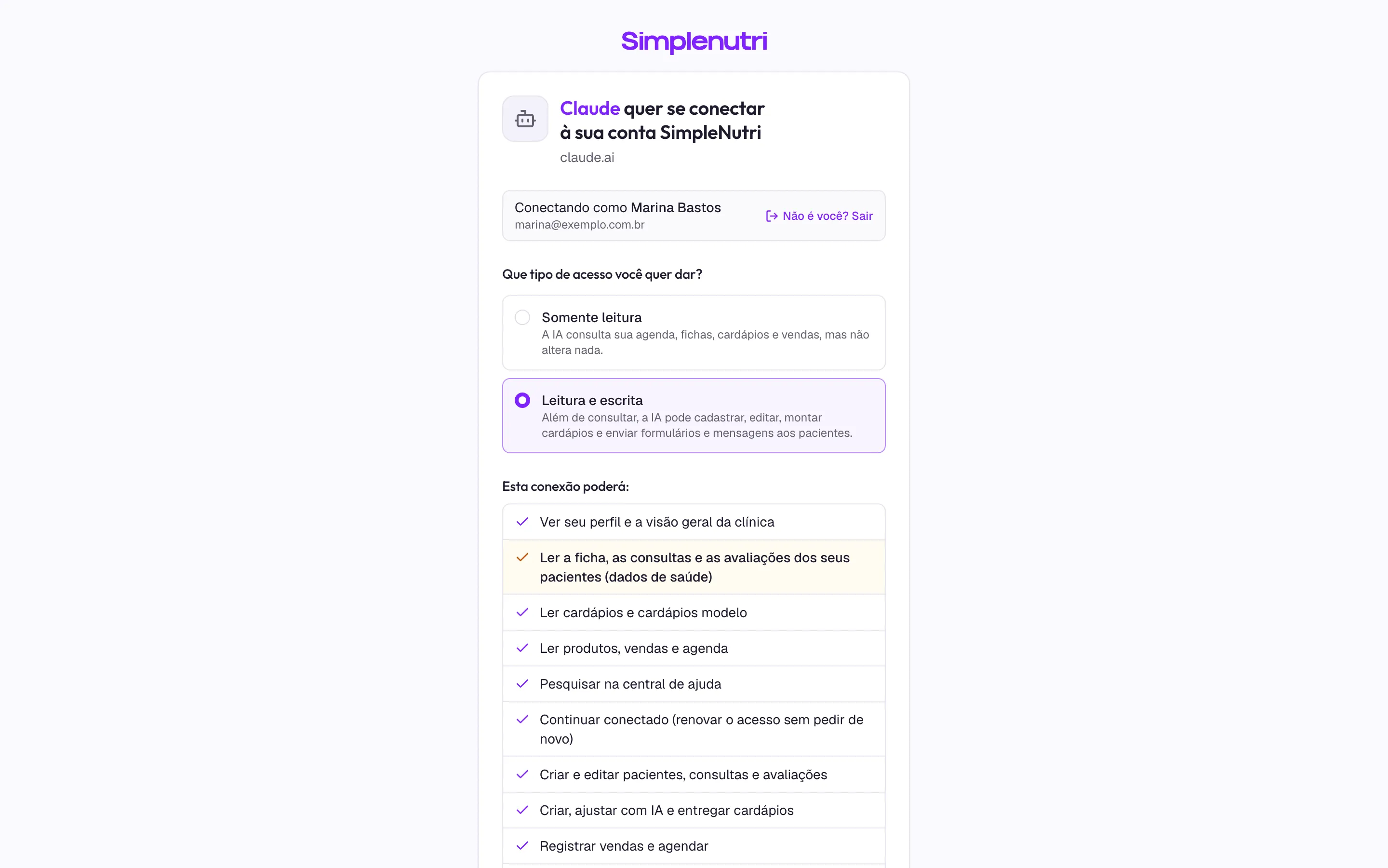 A tela Autorizar conexão: quem pede, o tipo de acesso, a lista de permissões e o aviso de LGPD.