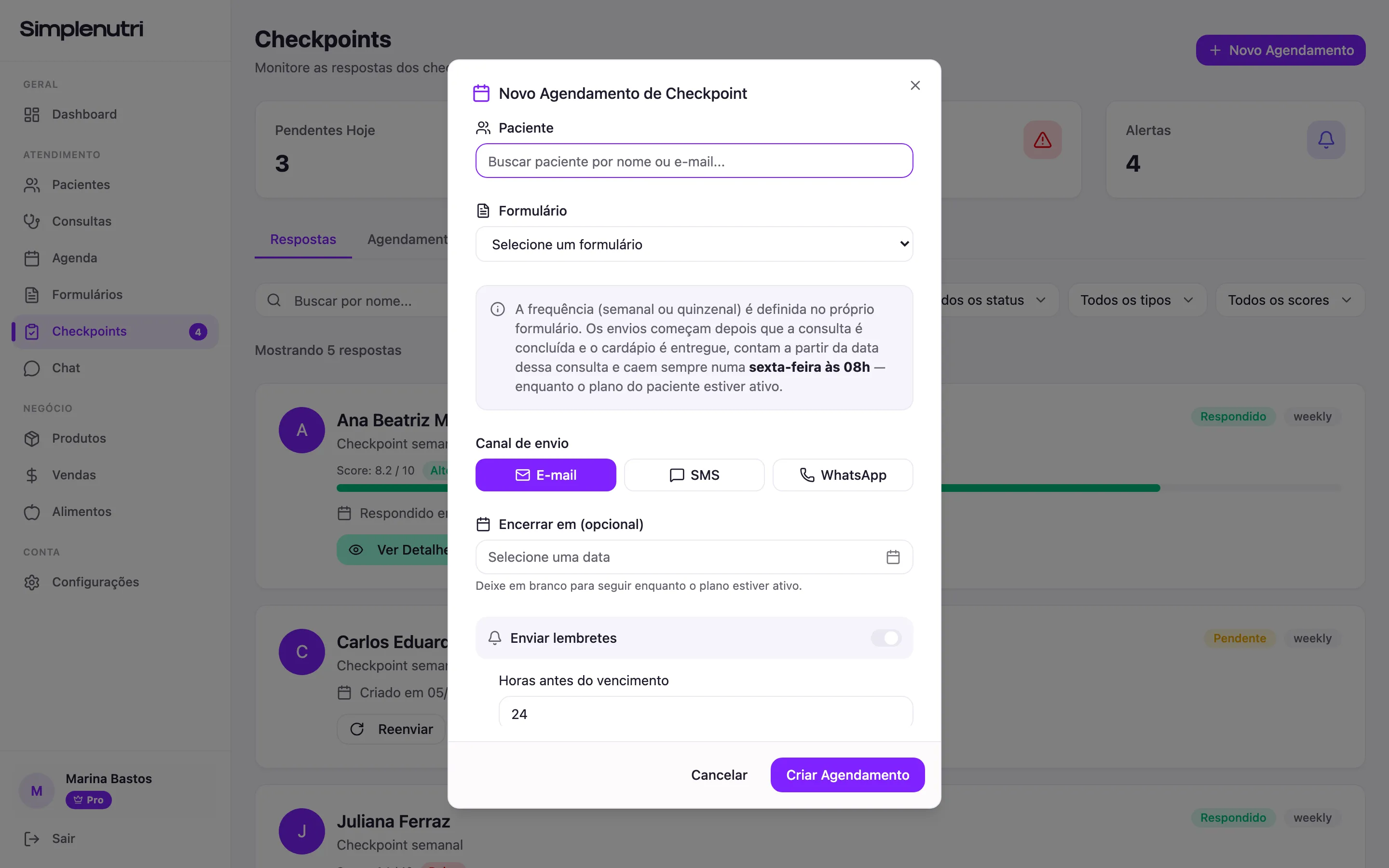 O modal Novo Agendamento de Checkpoint, com o canal E-mail marcado e os lembretes ligados