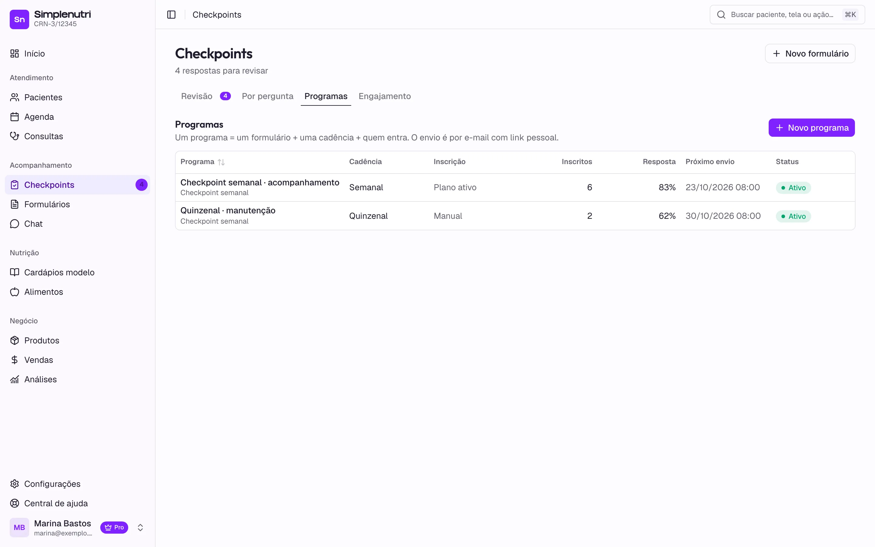 A aba Programas com dois programas ativos, um por plano ativo e outro com inscrição manual