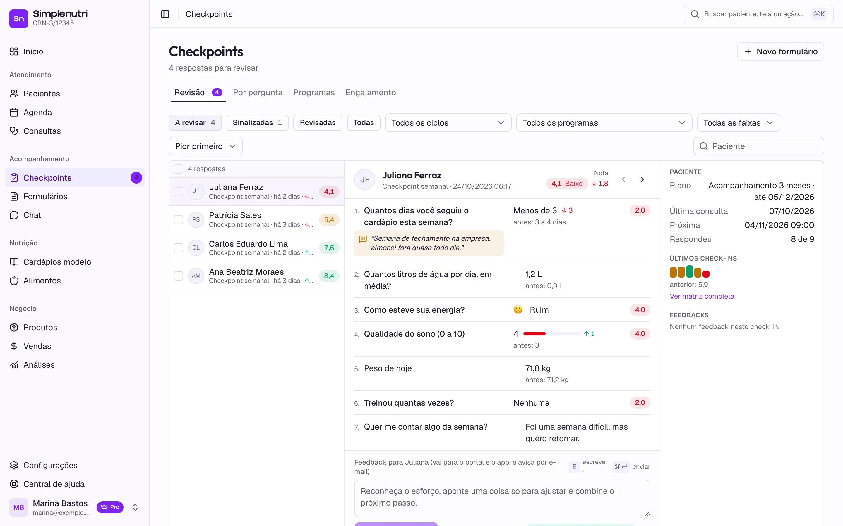 A fila de revisão, ordenada pela nota, com o que o paciente respondeu