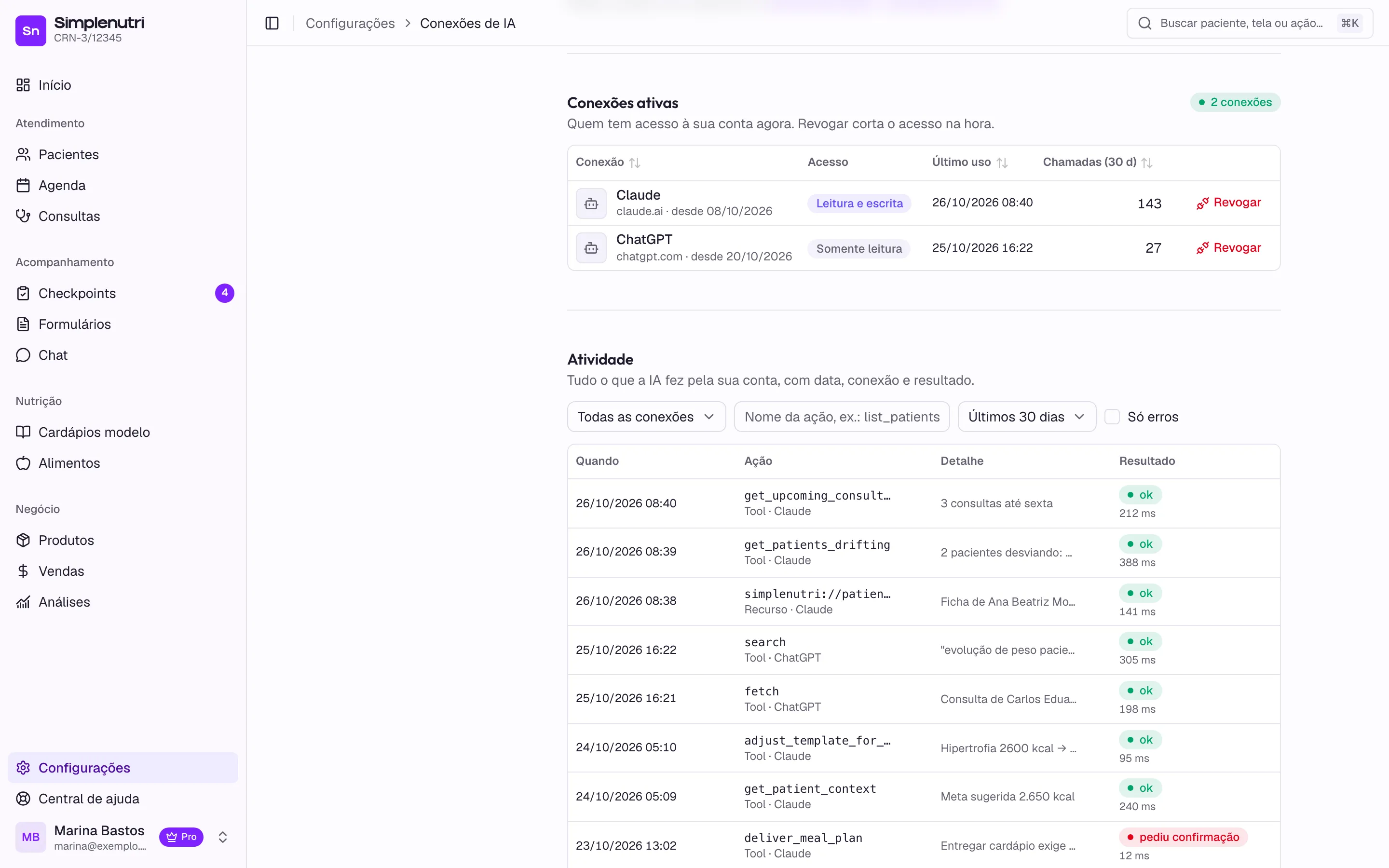 Conexões ativas com o botão Revogar e, abaixo, a atividade com filtros.