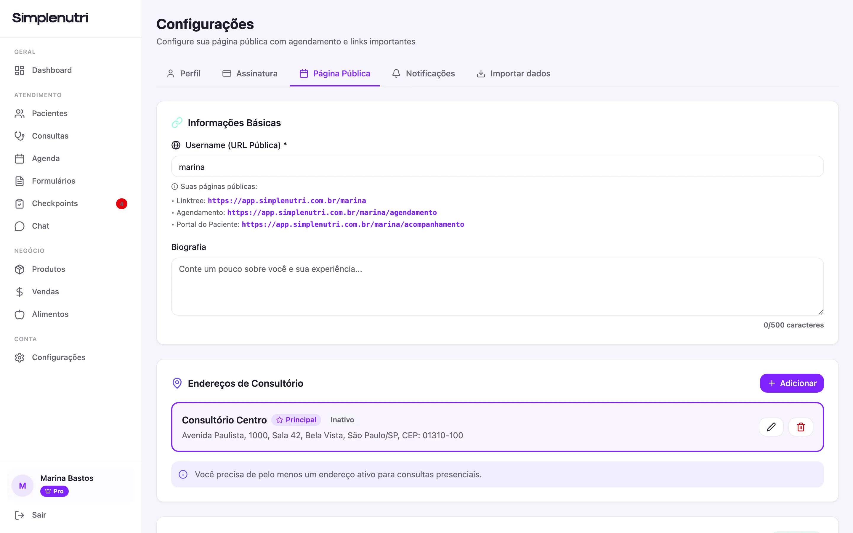 A aba Página Pública, com o username, a biografia e os endereços de consultório