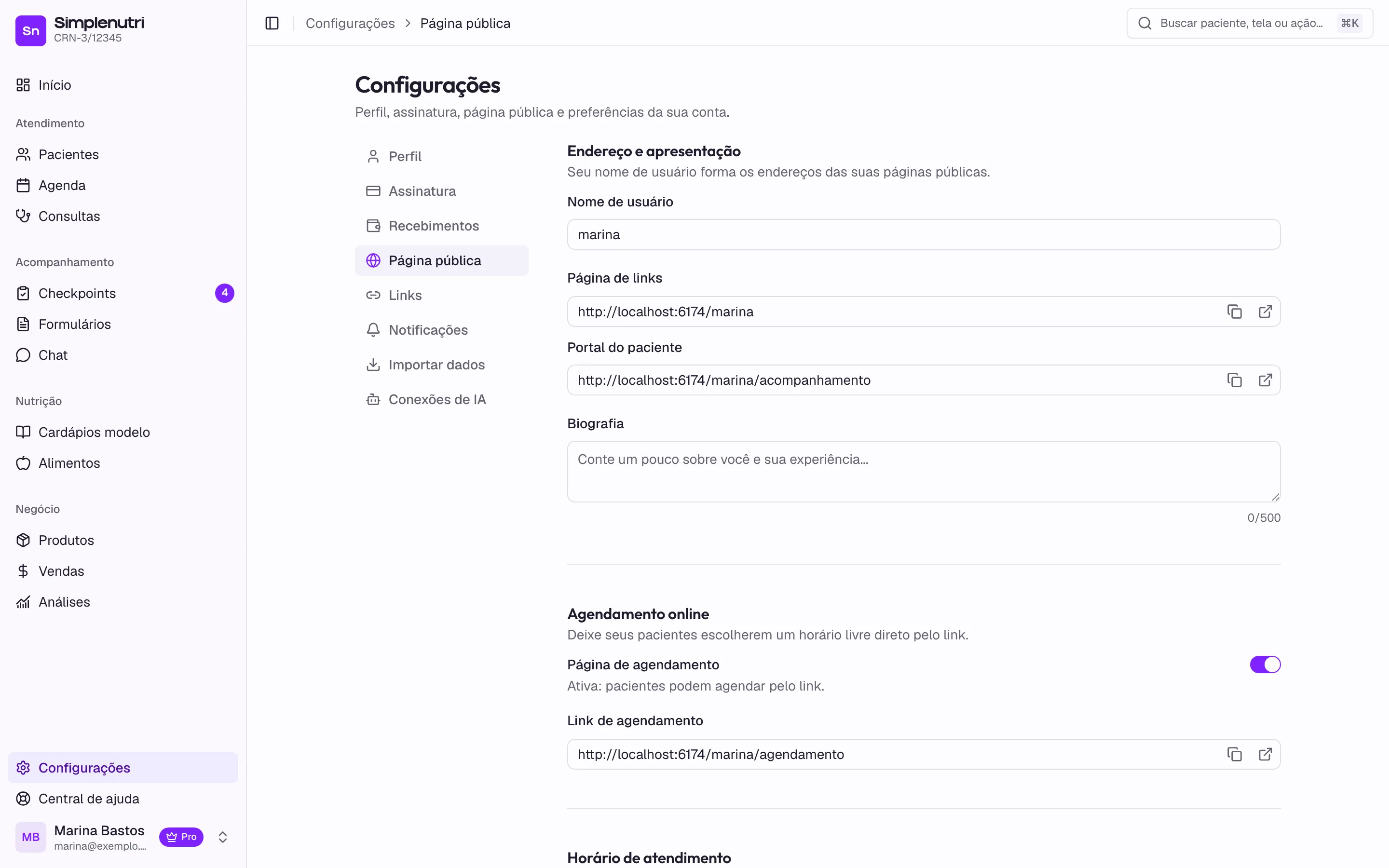 Configurar os blocos de atendimento, a duração e os produtos públicos