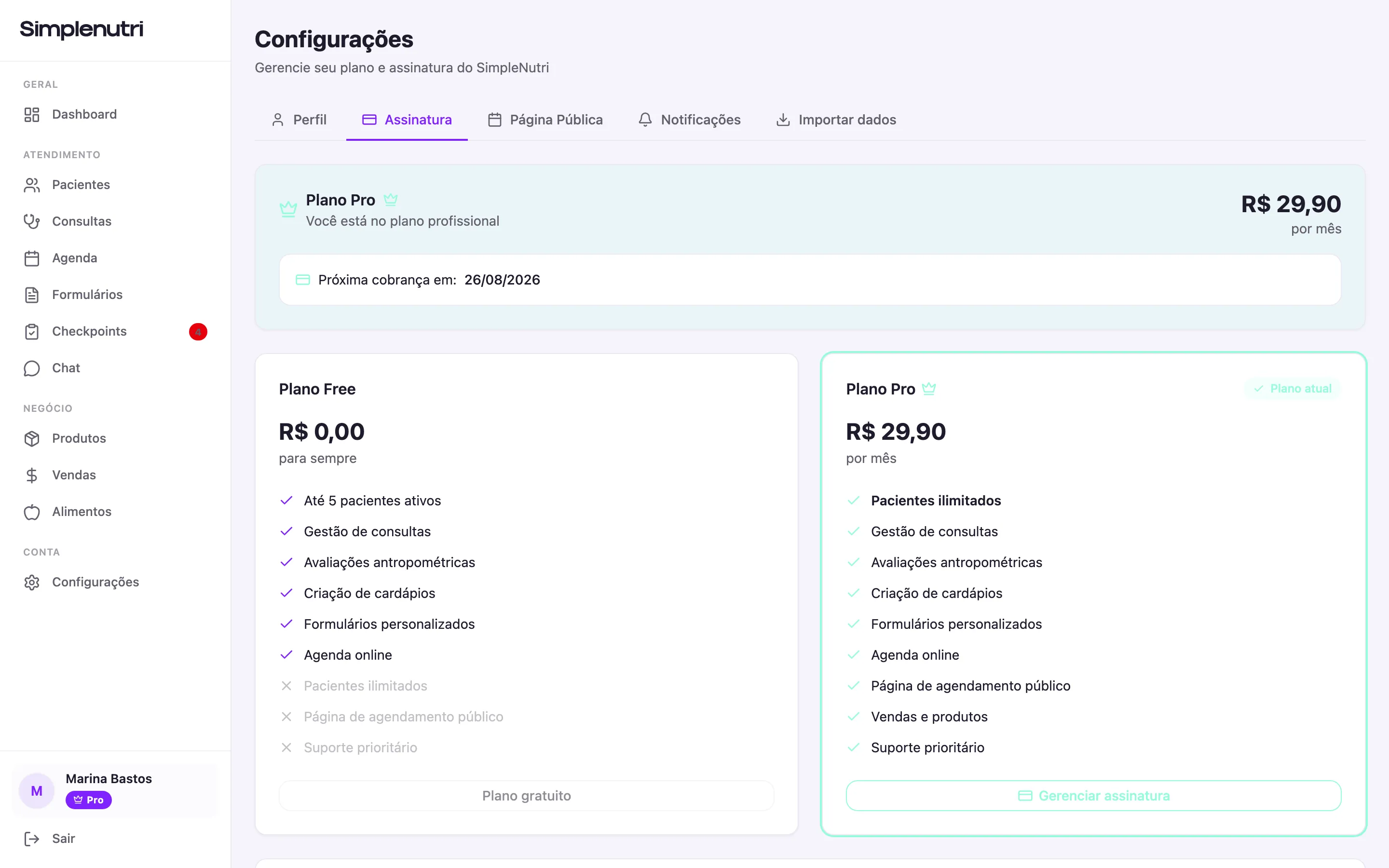 A aba Assinatura numa conta Pro, com o bloco do plano atual em cima e o comparativo entre Free e Pro embaixo