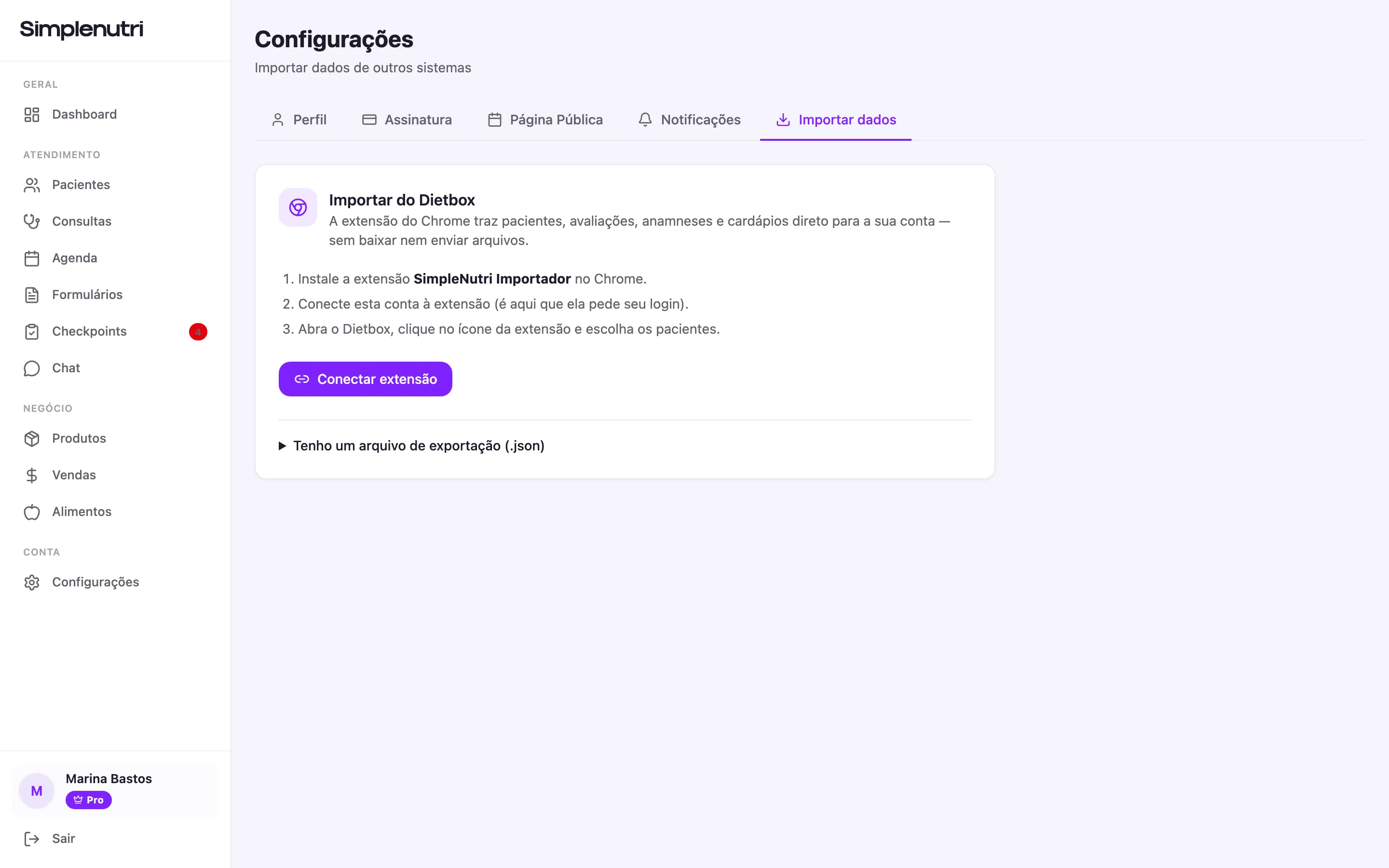 O lado SimpleNutri da migração, com as etapas listadas no próprio card