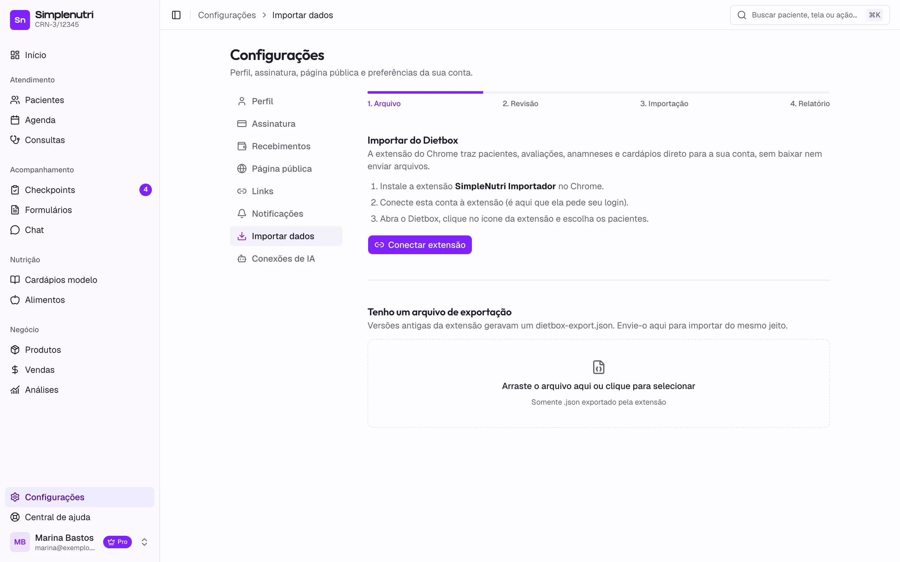 A tela Importar dados, com a conexão da extensão e o envio do arquivo antigo