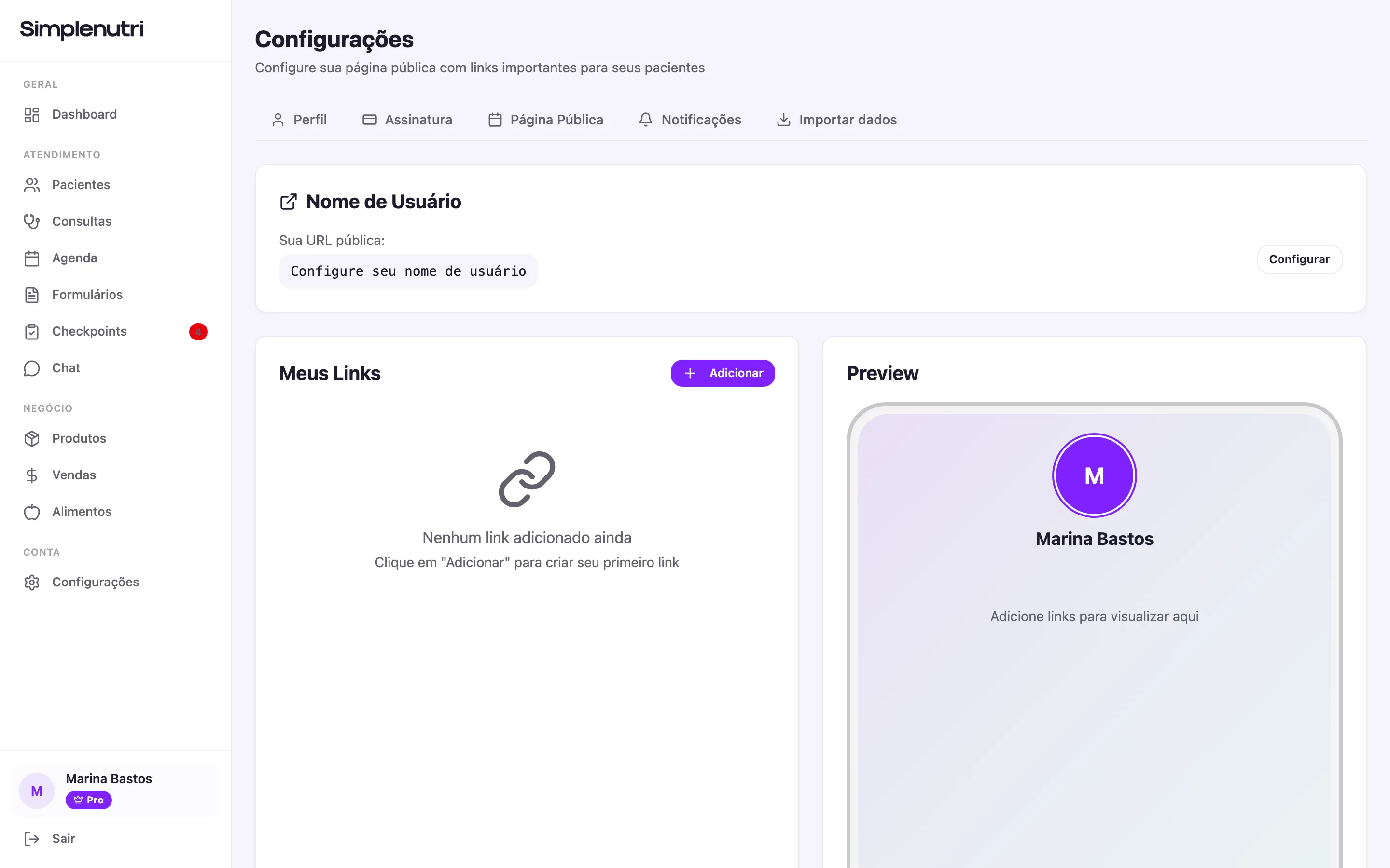 A tela aberta antes de qualquer configuração, com o nome de usuário ainda por definir