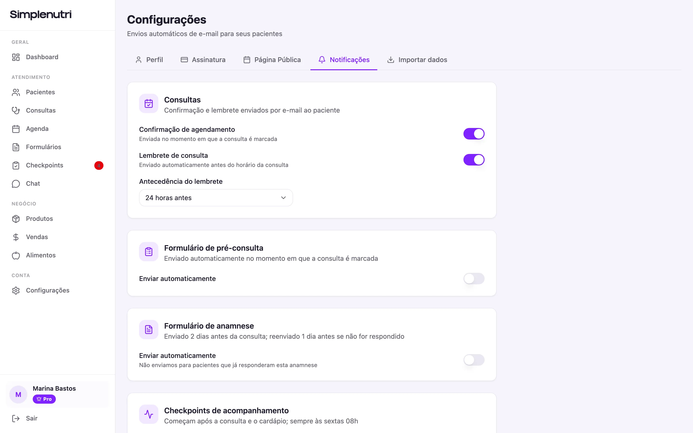 Os interruptores dos envios automáticos, com confirmação e lembrete já ligados de fábrica