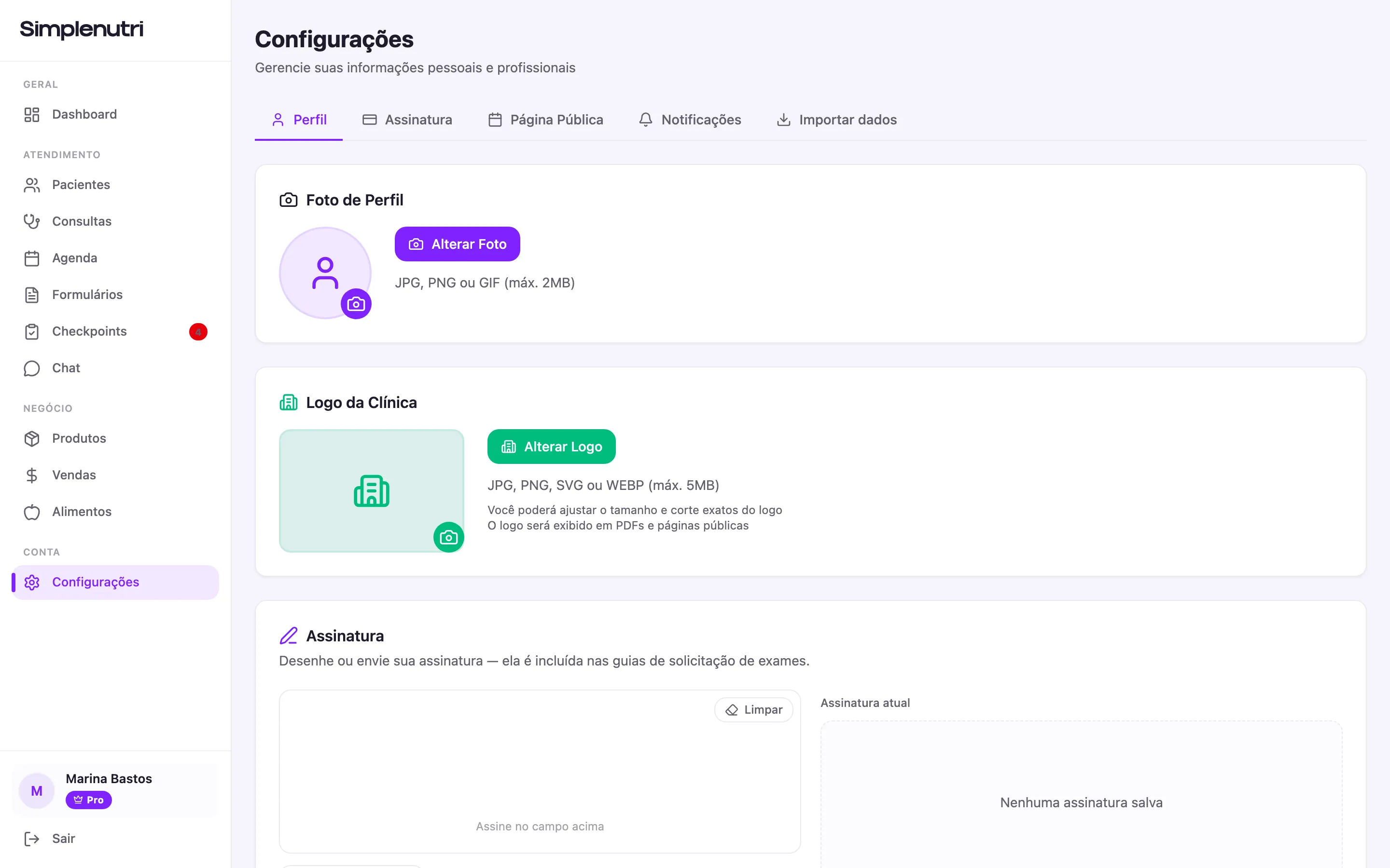 A aba Perfil aberta em Configurações, com a barra de abas e os primeiros blocos da página