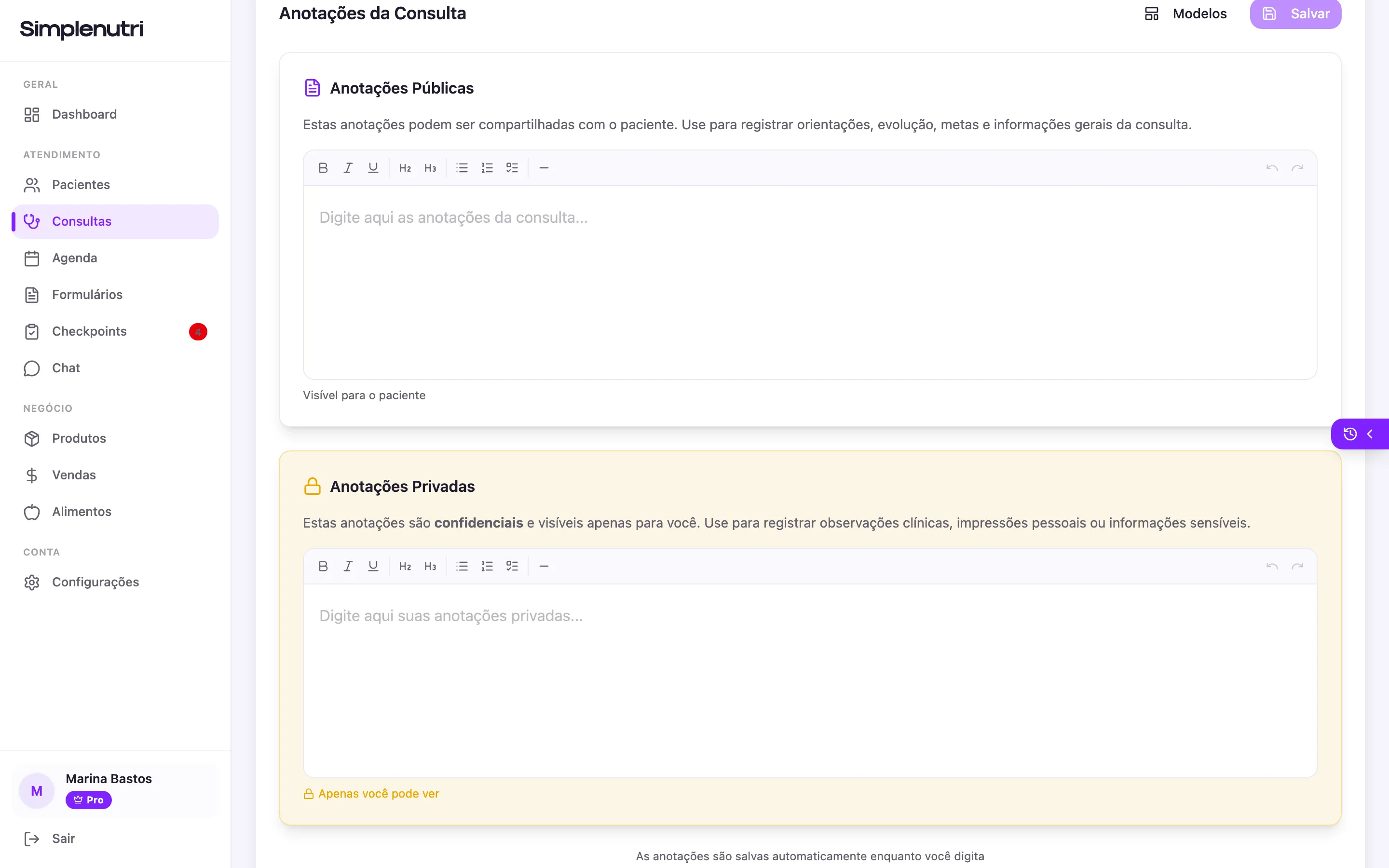A aba Anotações com as duas caixas vazias: a pública em branco e a privada em amarelo