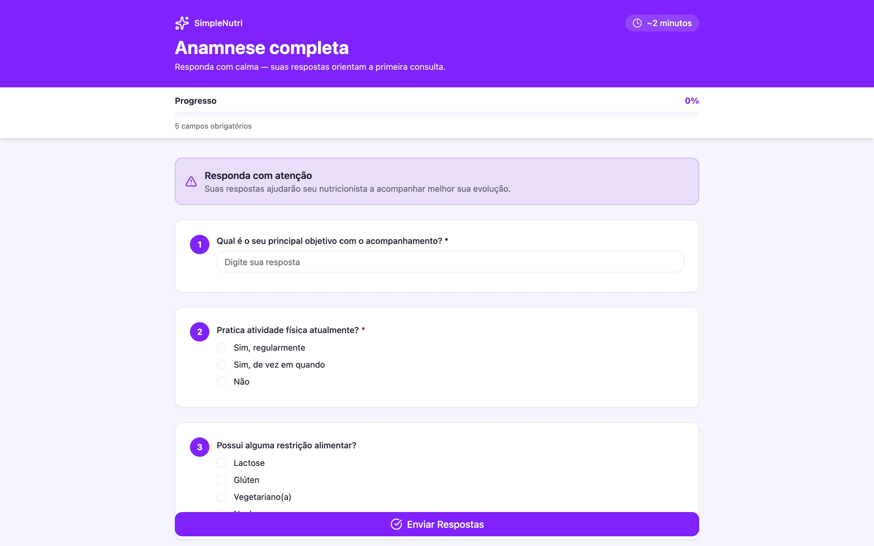 A página pública da Anamnese completa como o paciente a vê, antes de qualquer resposta