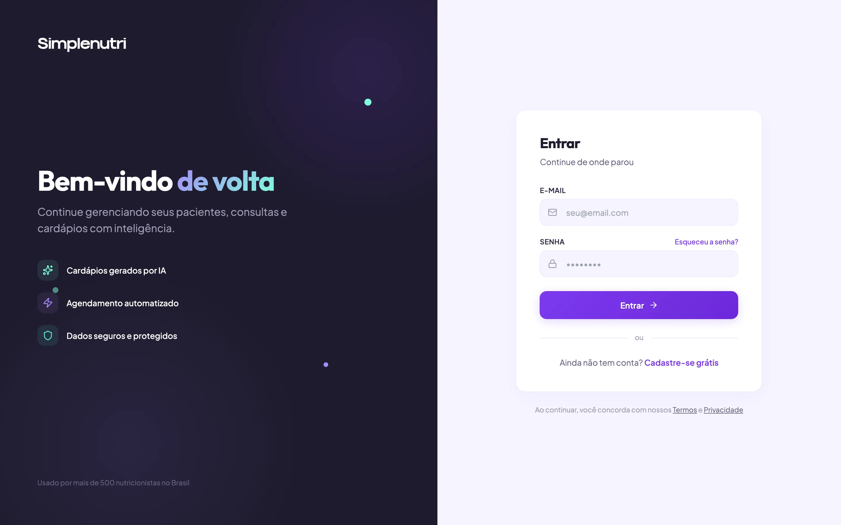 A tela de login no computador, com o cartão Entrar ao lado do painel Bem-vindo de volta