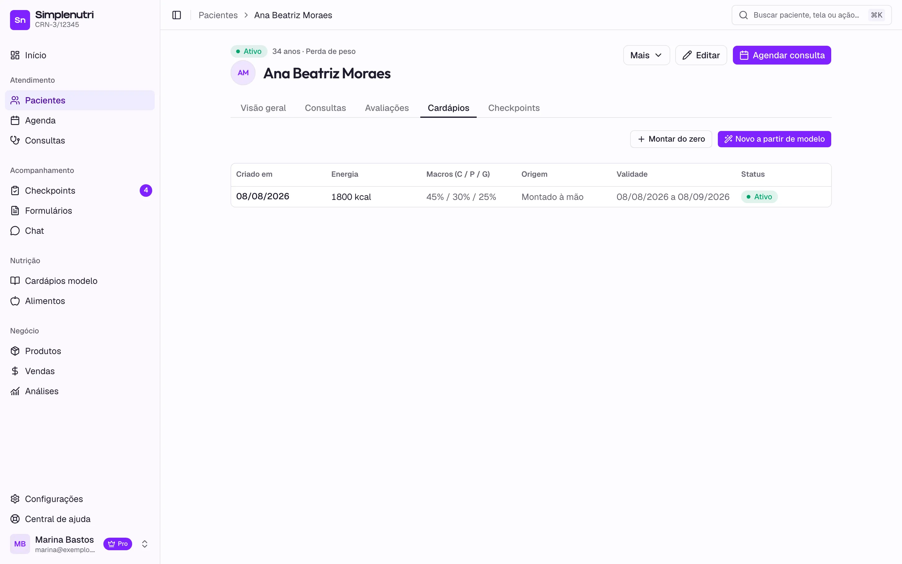 A aba Cardápios da ficha, com Novo a partir de modelo ao lado de Montar do zero
