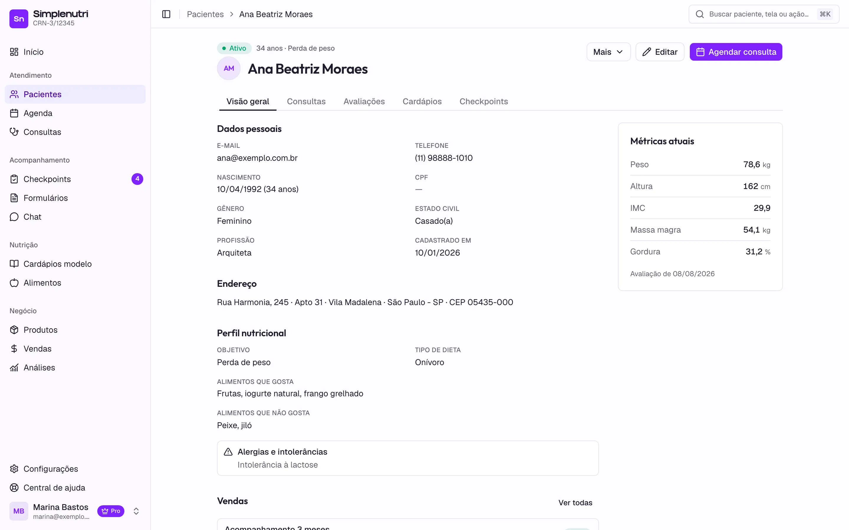 A ficha do paciente com dados, objetivo e a linha do tempo de consultas
