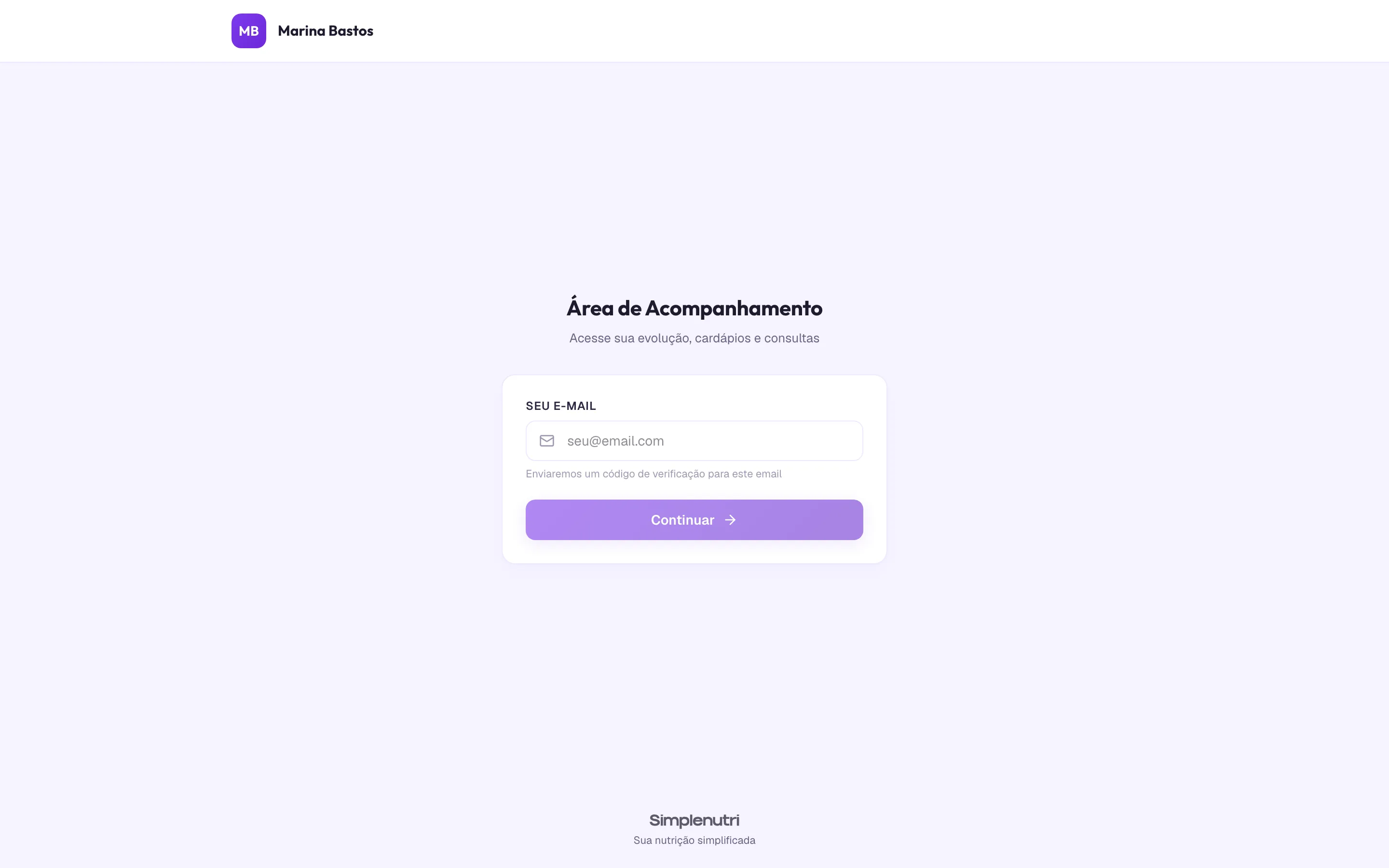 A entrada do portal com a marca do nutricionista: e-mail e código