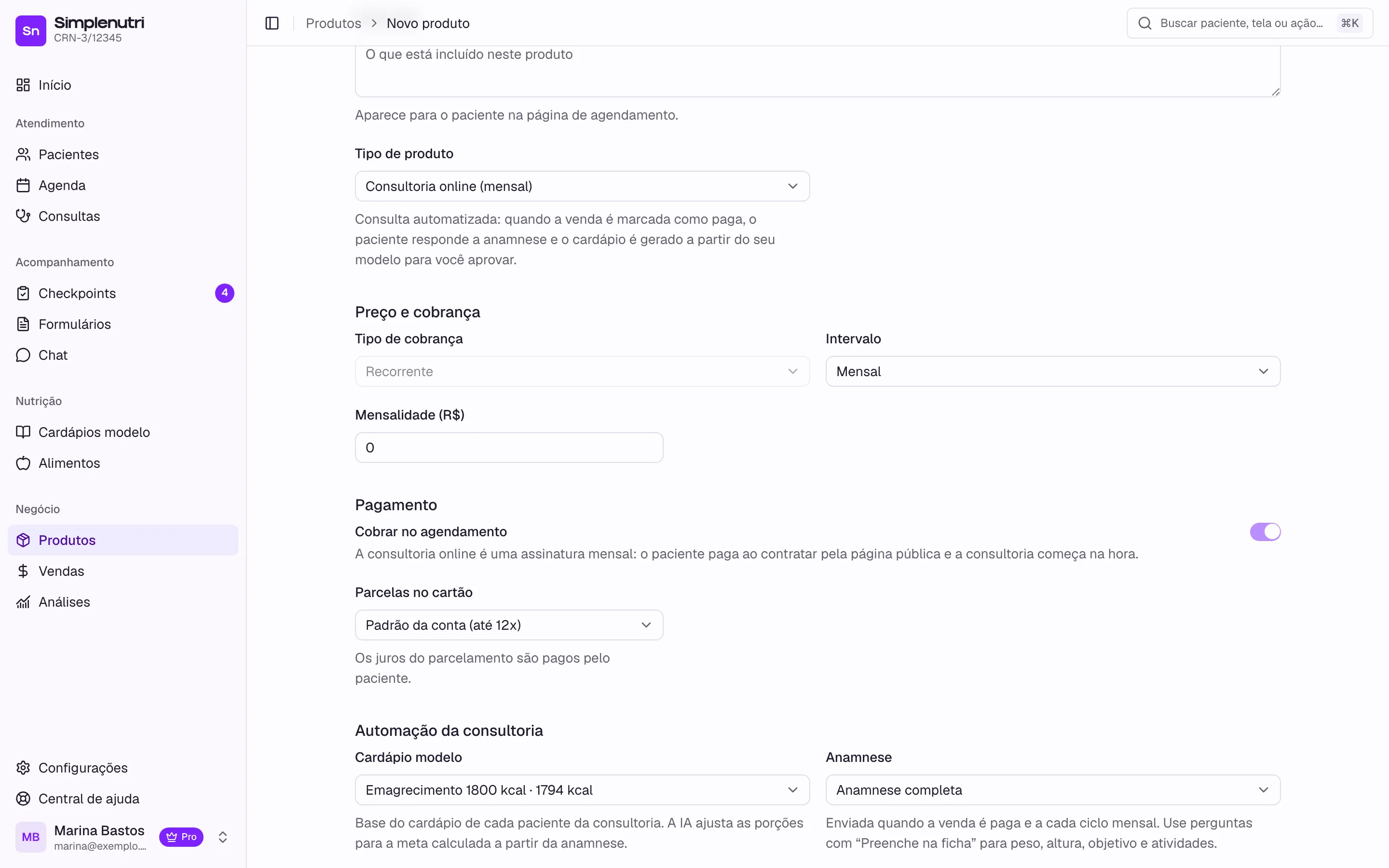 O produto do tipo Consultoria online: cobrança mensal e a seção Automação da consultoria com modelo e anamnese
