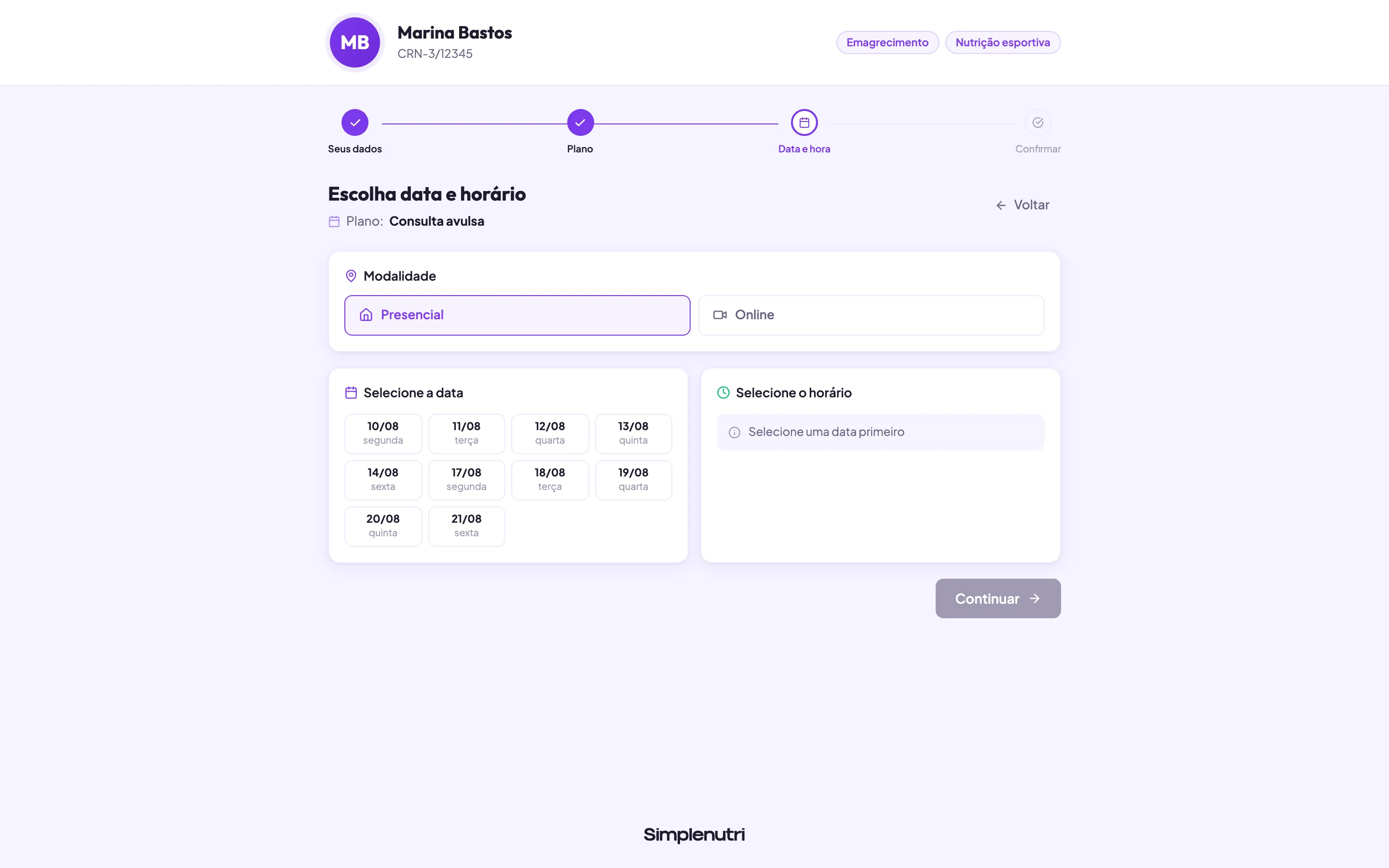 A etapa Data e hora, com a modalidade Presencial selecionada e a coluna de horários aguardando a escolha da data