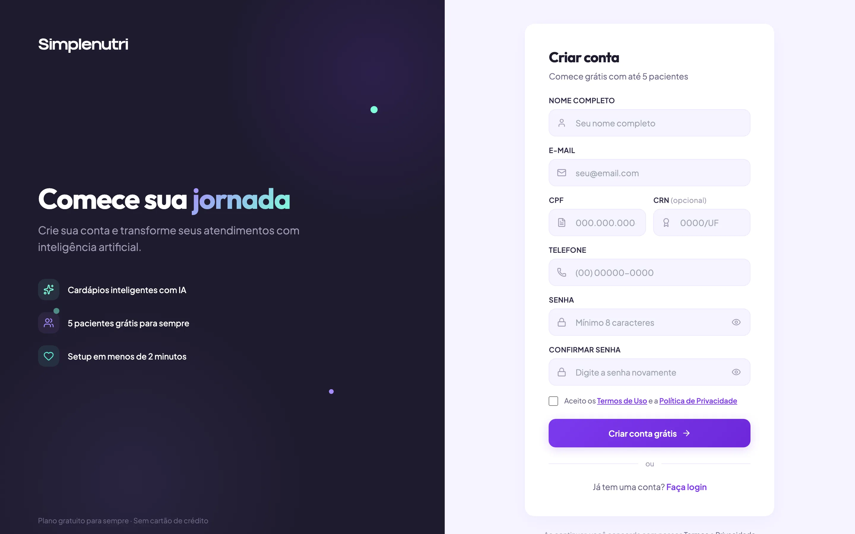 A tela de cadastro no computador, com o painel escuro à esquerda e o cartão Criar conta à direita