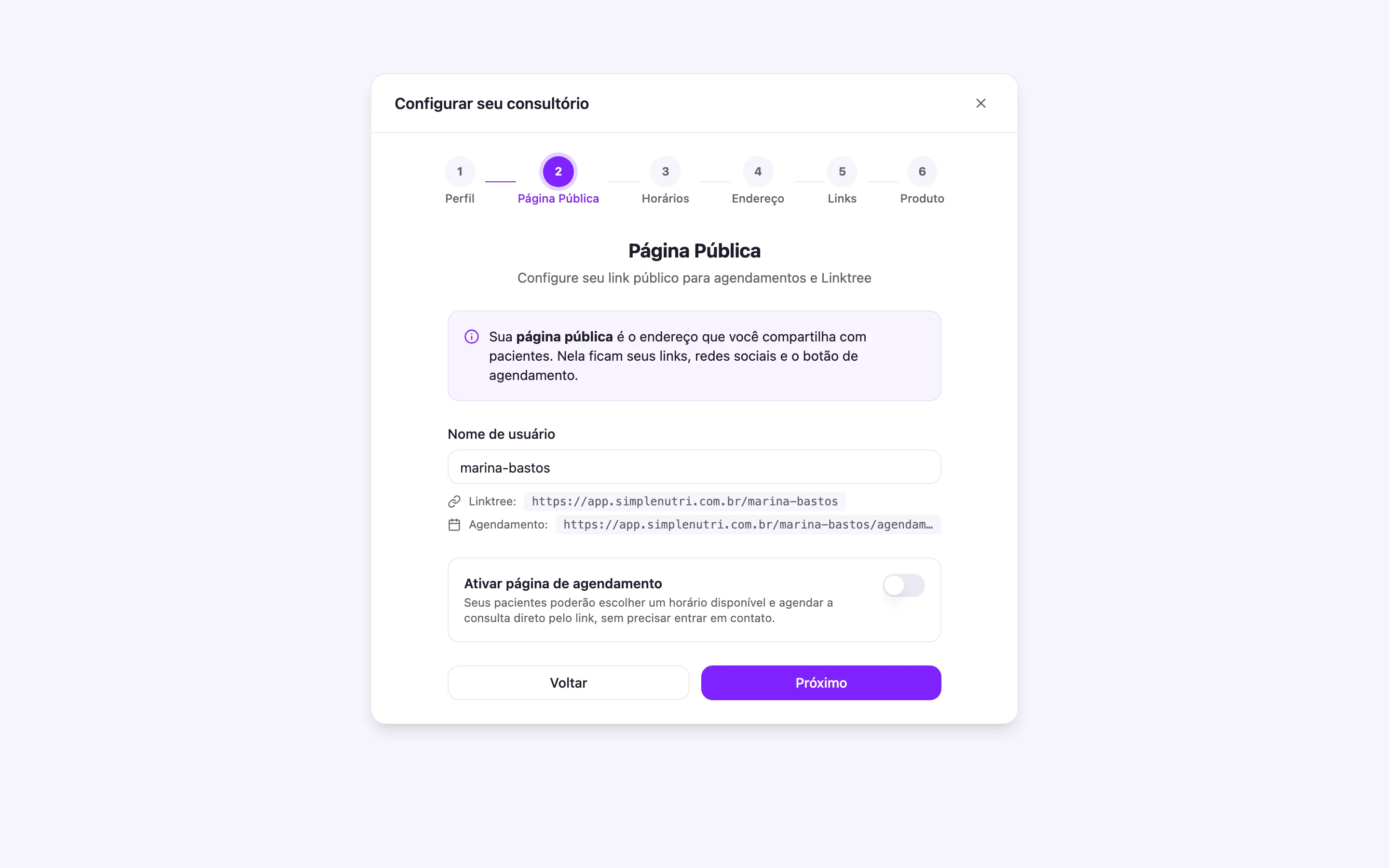 O assistente Configurar seu consultório no passo 2, com o interruptor de agendamento ainda desligado