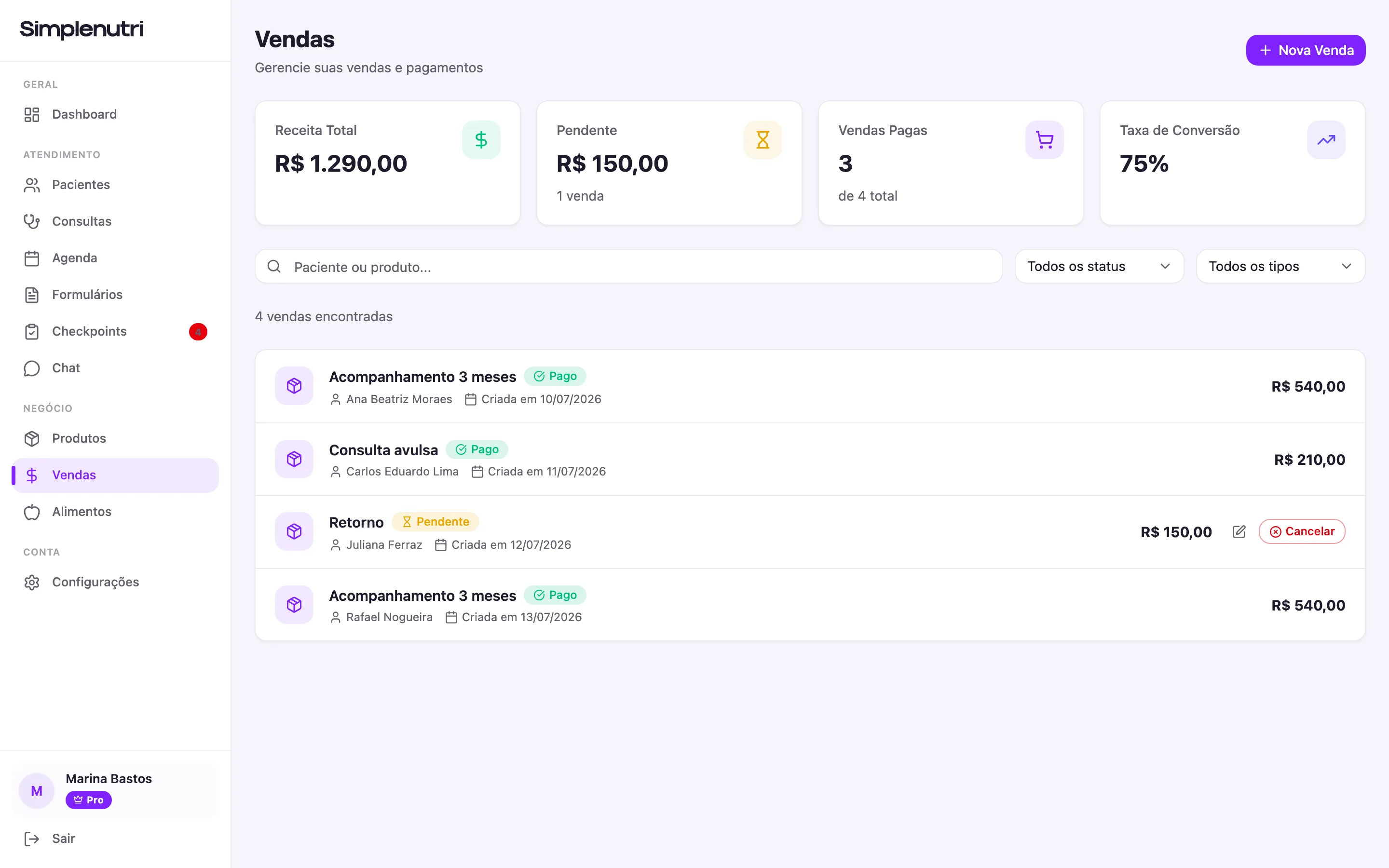 Os quatro cartões de resumo e a lista de vendas mais recentes